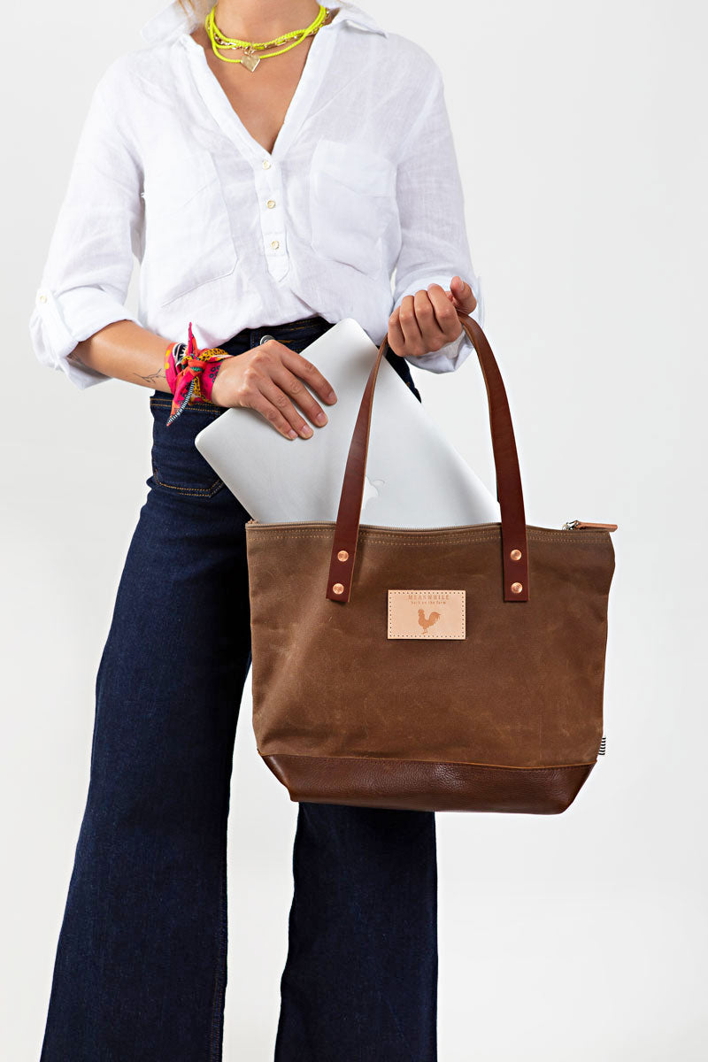 Field Tan Wax Canvas Day Tote | English Bridle Leather Straps