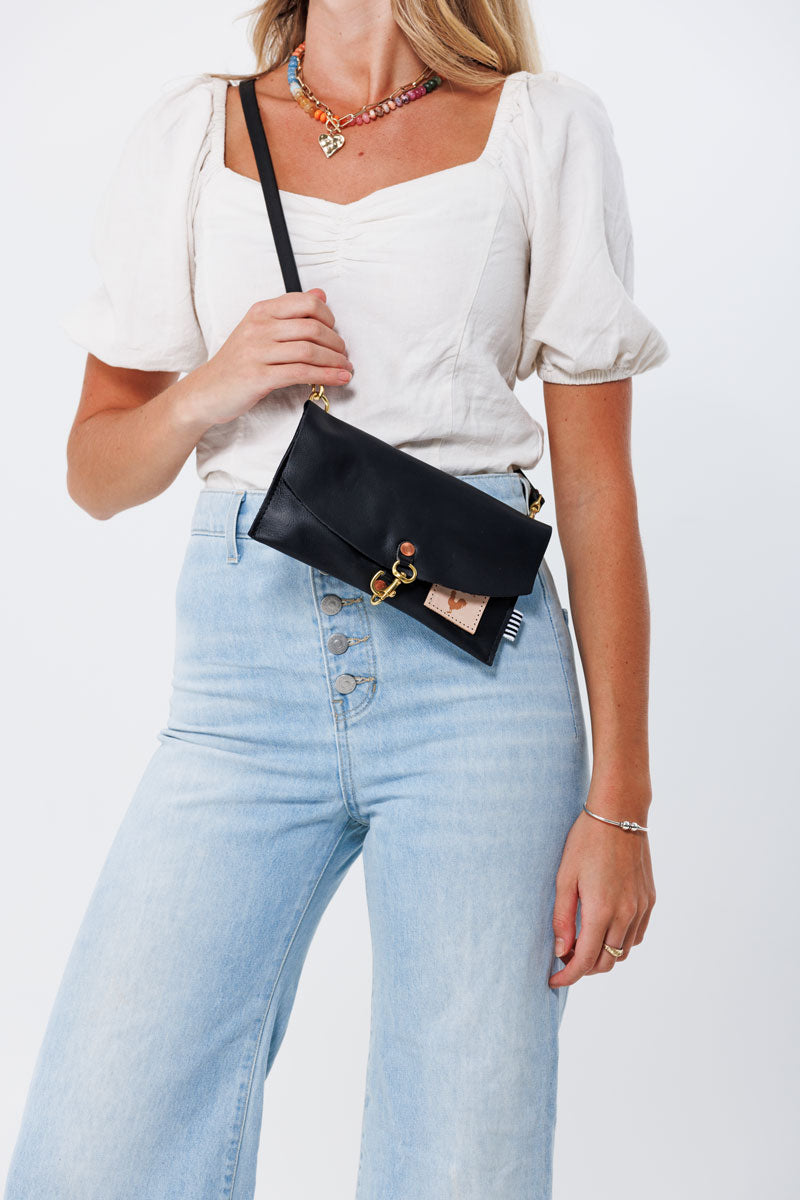 Harness Black Leather Envelope Clutch Crossbody Woman's Black