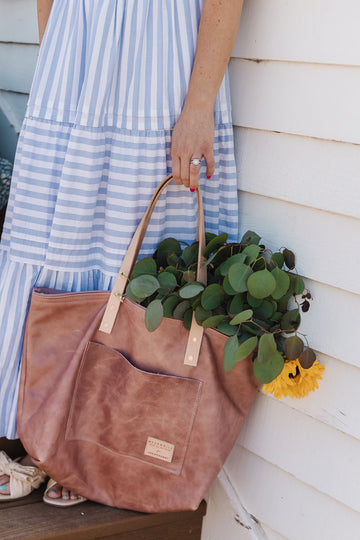 Pink Leather Tote Bag with Tan Handles