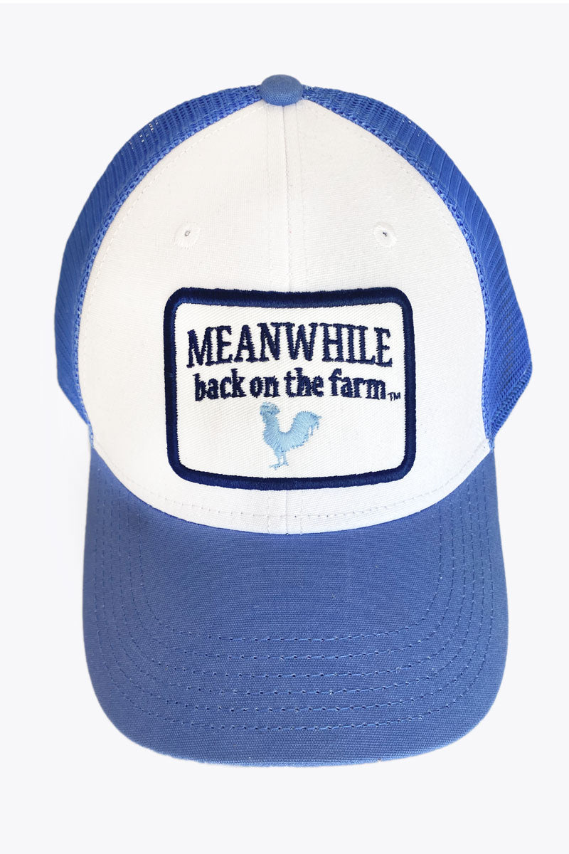 Blue and White Trucker Cap with Meanwhile Back on the Farm Patch