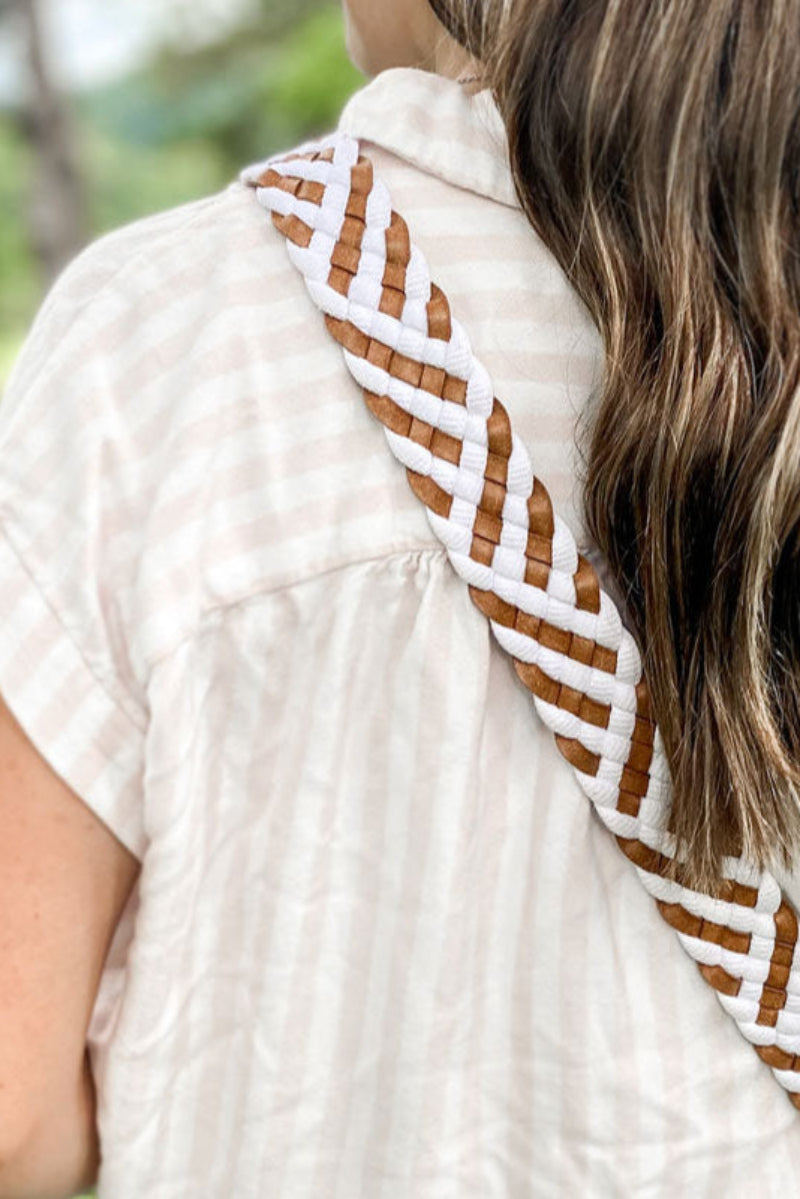 Natural Leather and White Woven Strap | Wide Strap Bag 36" Strap Natural Leather and White Woven Strap | Wide Strap Bag 36" Strap
