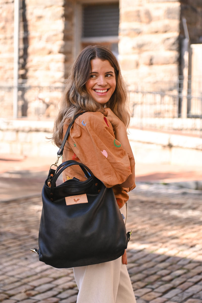 black leather style backpack Harness Black Leather Backpack