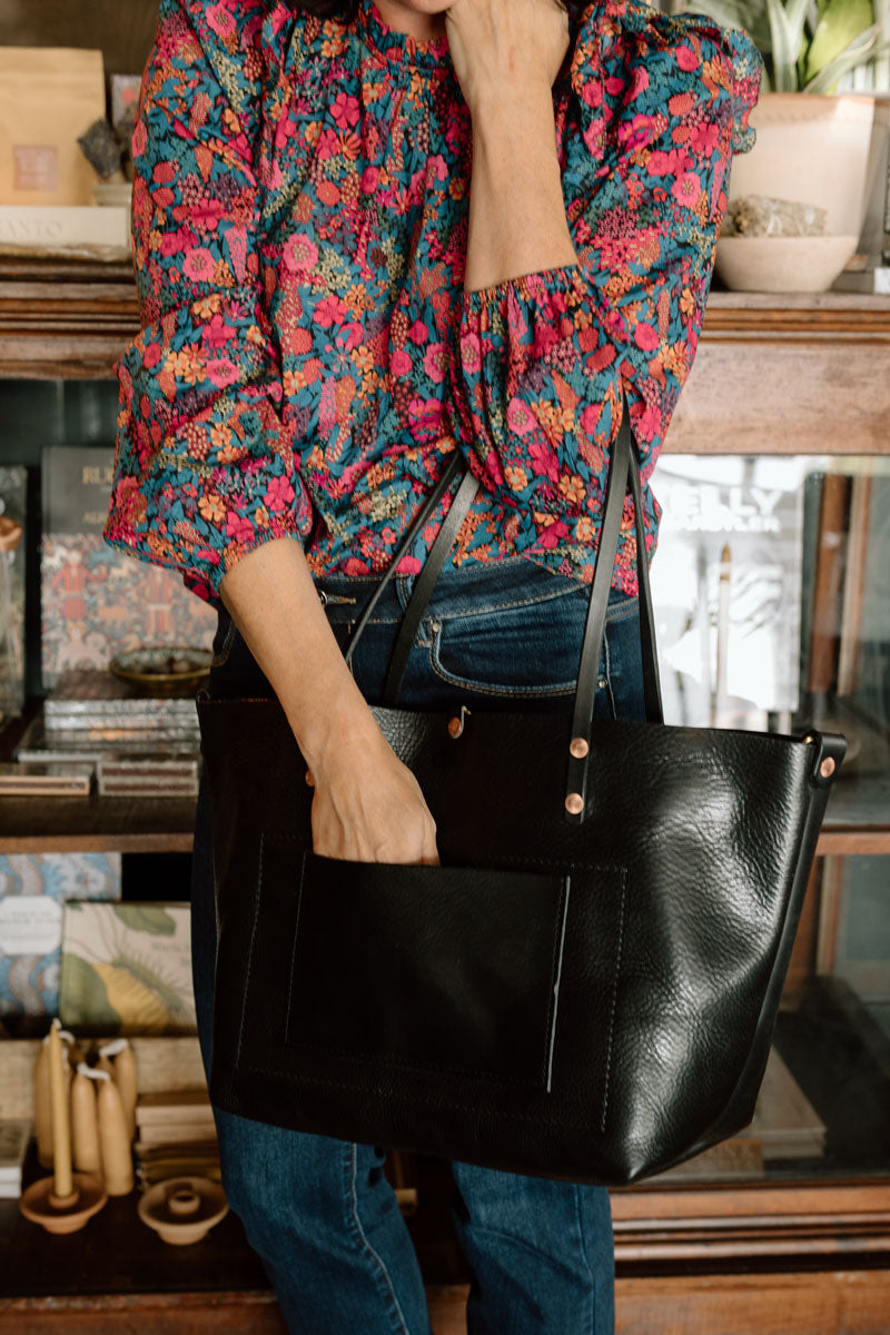 Black Luxe Leather Perfect Tote | Black Leather Tote