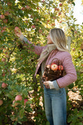 A woman in a red and white gingham shirt and blue jeans stands in an apple orchard, reaching for an apple on a tree while wearing a brown leather crossbody bag filled with apples. Handcrafted by Meanwhile Back on the Farm in Lynchburg, VA.