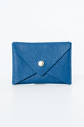 Blue leather Meanwhile Back on the Farm wallet with a button