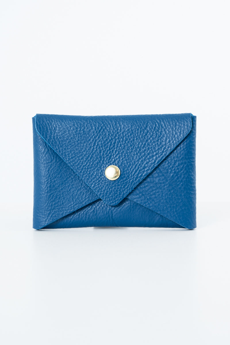 Blue leather Meanwhile Back on the Farm wallet with a button