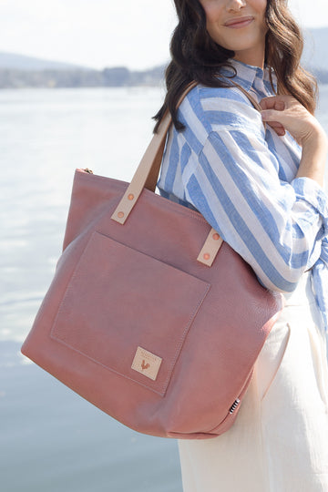 Handcrafted Rose Pink Leather Tote Shoulder Bag