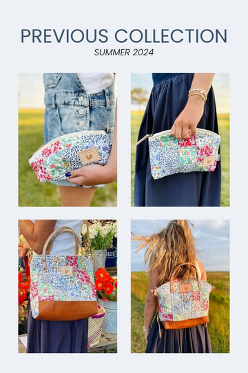 Collection of floral bags from Summer 2024 featuring different bag styles held by people outdoors.