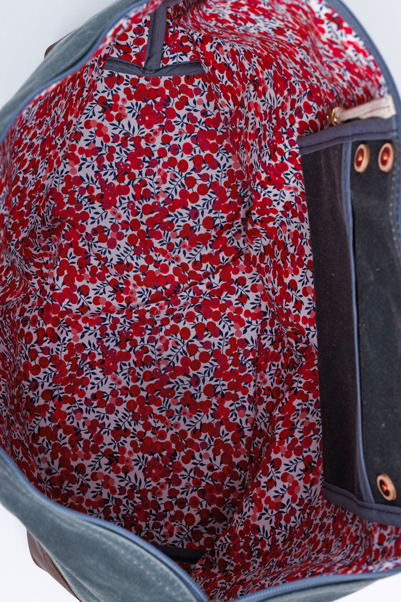 Slate Blue Canvas Tote Bag with Floral Interior