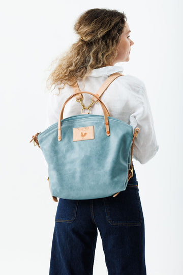 Dusty Blue Leather Convertible Backpack 2.0