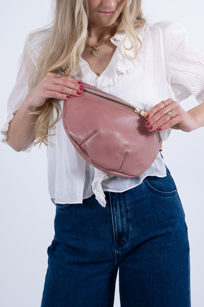 Handmade Rose Pink Leather Fanny Bag