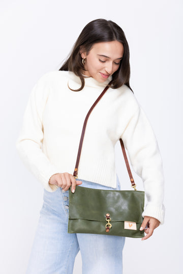 Hunter Green Leather Foldover Clutch & Crossbody