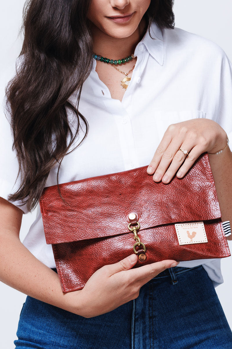 Oversized Clutch Purse Fold Over Handbag Leather Ruby Red Leather
