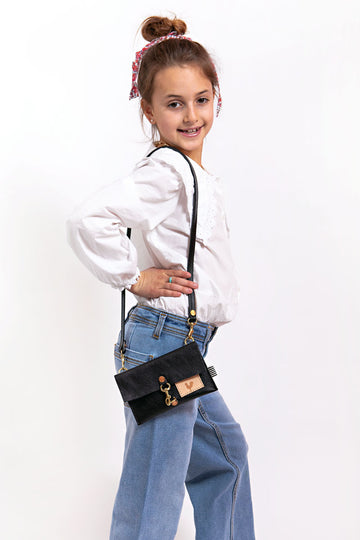 Little Girl's Black Leather Clutch & Crossbody