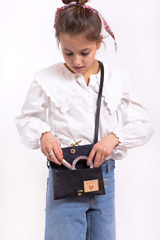 Little Girl's Black Leather Clutch & Crossbody