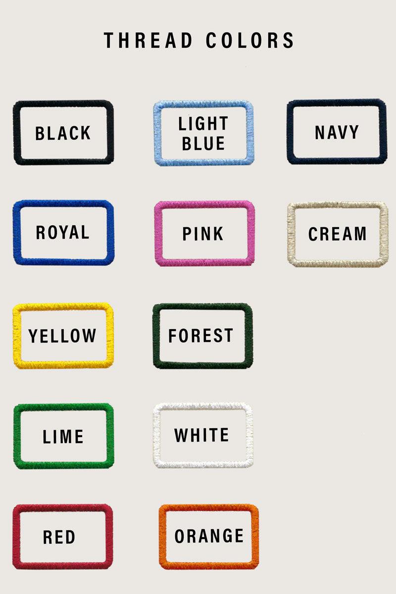 Image showing the different thread colors available: black, royal blue, yellow, lime green, red, light blue, pink, forest green, white, orange, navy blue, and cream