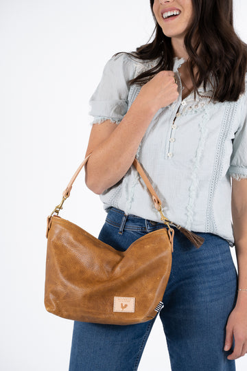 Camel Leather Midi Hobo