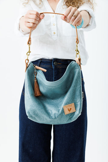 Dusty Blue Leather Midi Hobo