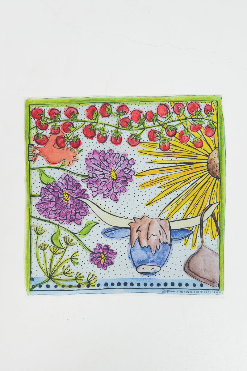 A square illustrated art print featuring whimsical botanical and animal motifs, including purple flowers, red berries, a yellow sunflower, a small orange bird, and a blue bowl, shown against a plain white background. Proudly handcrafted by Meanwhile Back on the Farm in Lynchburg, Va.