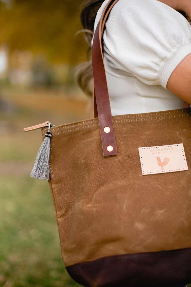 Field Tan Wax Canvas Day Tote | English Bridle Leather Straps