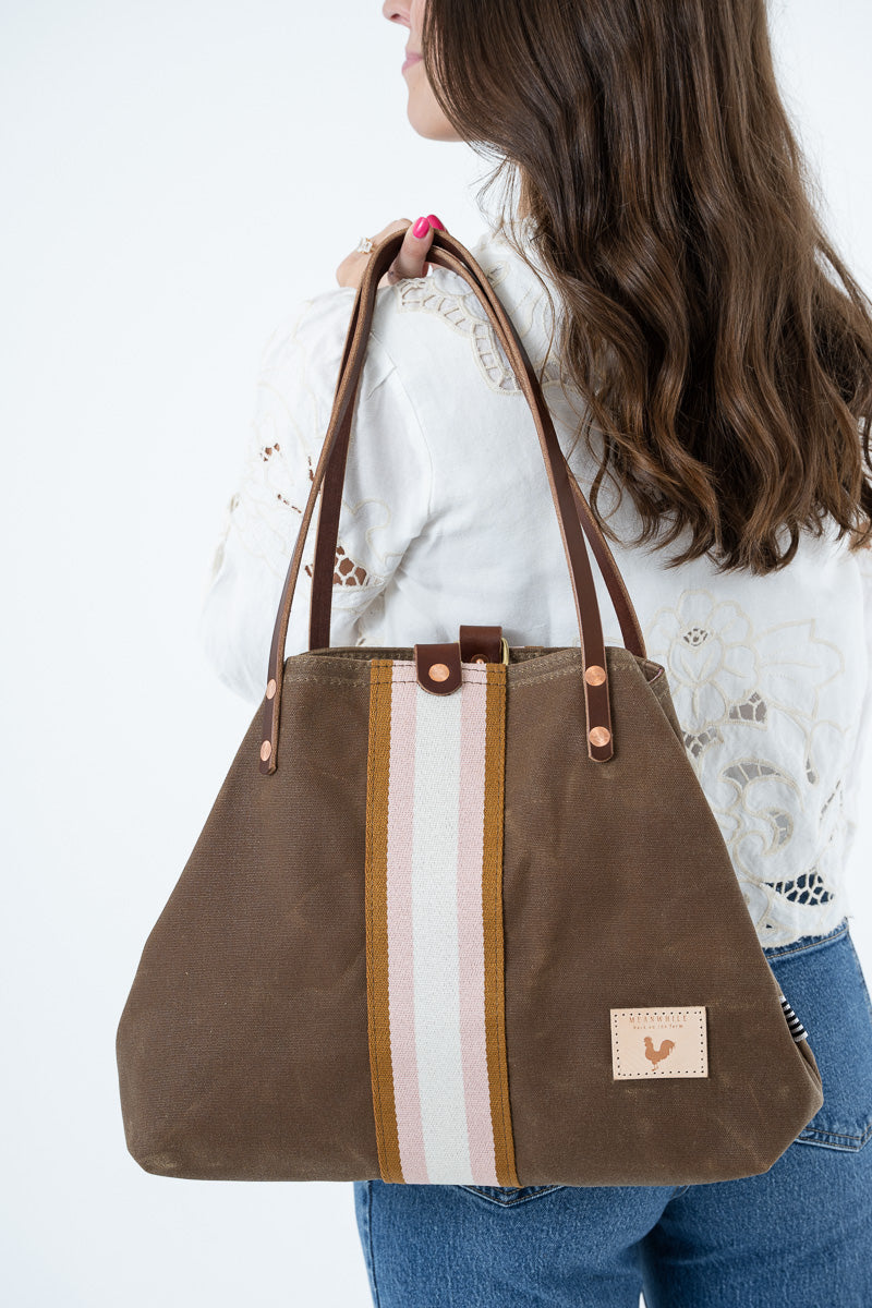 Limited Edition* Field Tan Waxed Canvas Perfect Tote with Striped Webbing