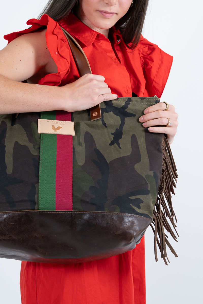 Limited Edition* Camo Waxed Canvas Adventure Tote with Fringe & Webbing
