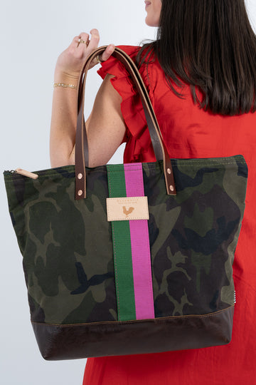 Limited Edition* Camo Waxed Canvas Adventure Tote with Pink & Green Webbing