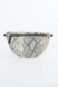 A  waist bag featuring a beige and gray snakeskin pattern, with a black zipper and small gold-tone hardware, set against a plain white background. Handcrafted by Meanwhile Back on the Farm in Lynchburg, Va.