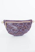 A purple snakeskin-patterned waist bag with a top zipper and gold-tone hardware, photographed against a plain white background. Handcrafted by Meanwhile Back on the Farm in Lynchburg, Va.