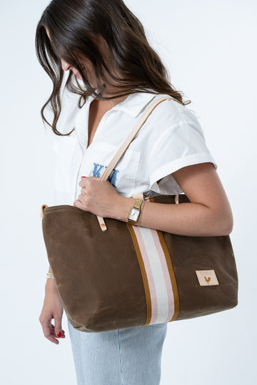 Limited Edition* Field Tan Waxed Canvas Perfect Tote with Striped Webbing