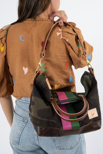 Limited Edition* Camo Wax Canvas Slouch Hobo with Pink & Green Webbing