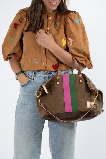 Limited Edition* Field Tan Wax Canvas Slouch Hobo with Pink & Green Webbing