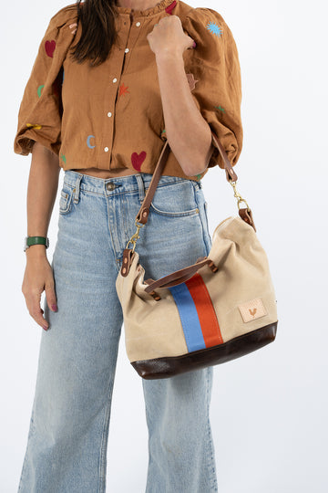 Limited Edition* Natural Waxed Canvas Slouch Hobo with Blue & Orange Webbing