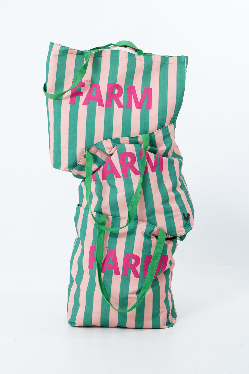 Green & Pink Striped FARM Tote