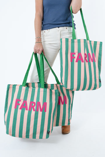 Green & Pink Striped FARM Tote