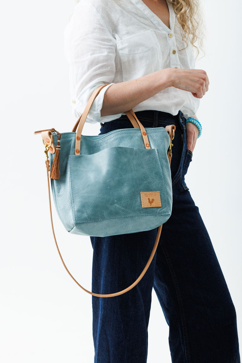 Dusty Blue Leather Small Tote | Meanwhile Back on The Farm