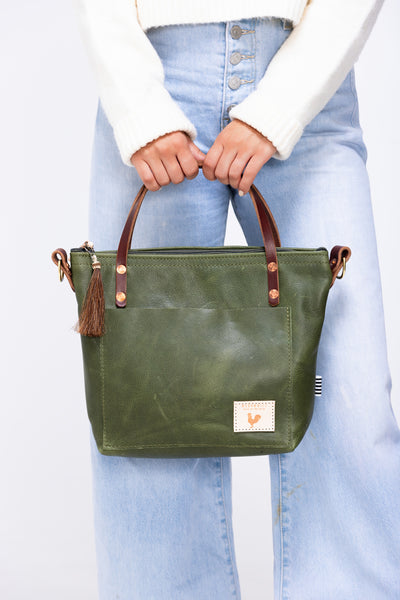 Hunter Green Leather Small Tote | Green Leather Purse