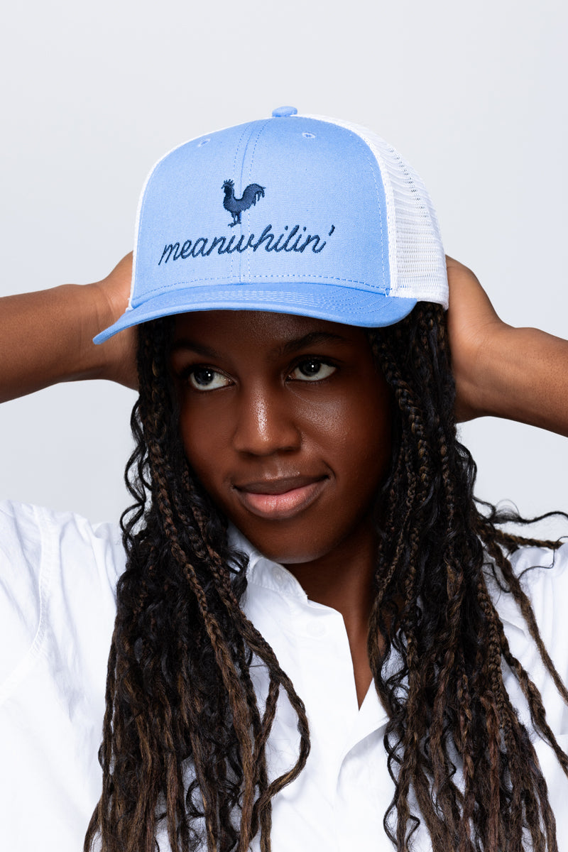Power Blue Meanwhilin' Unisex Trucker Hat | Blue Farm Trucker Hat