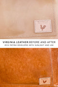 shows Virginia leather small tote before and after use