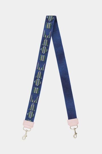 Picture of woven dark blue replacement shoulder strap with blue Aztec themed design