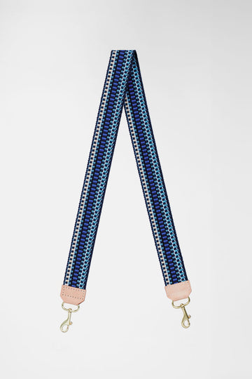 Picture of woven dark blue, light blue and cream colored replacement bag strap