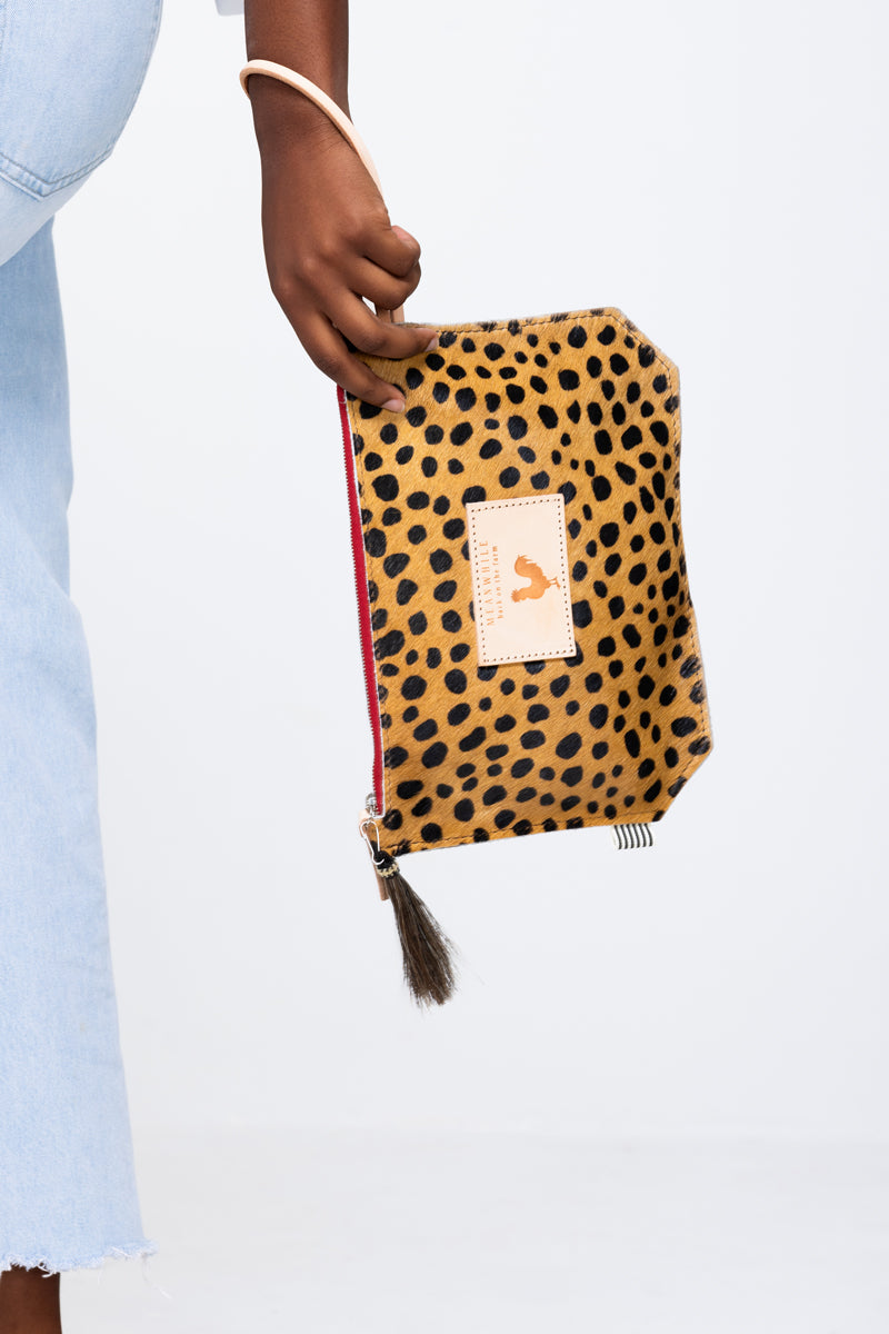 Cheetah Hair on Hide Wristlet| Boho Leather Purse| Meanwhile Back