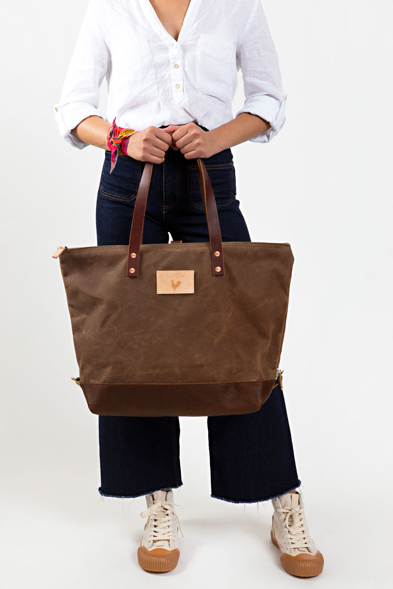 Brown Canvas Tote Bag with Leather Bottom