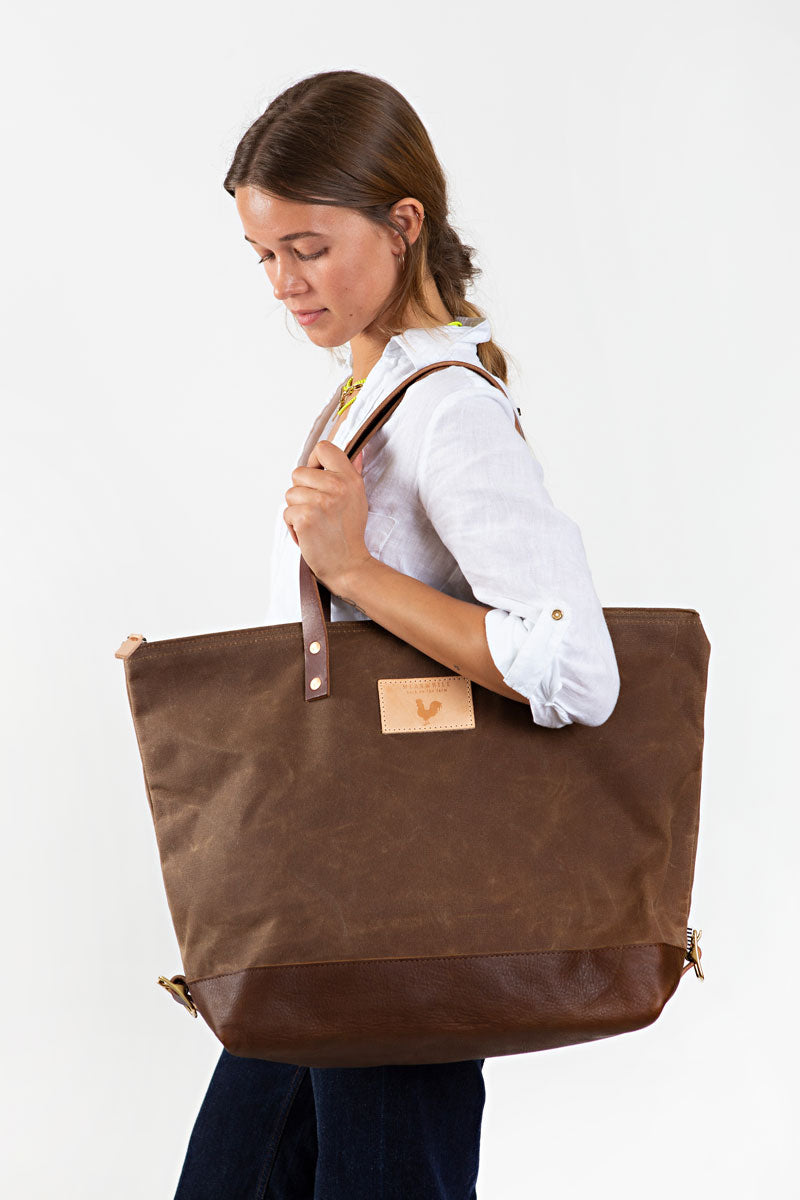 Brown Canvas Tote Bag with Leather Bottom