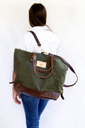 Green Canvas Oversize Tote Bag with Leather Straps