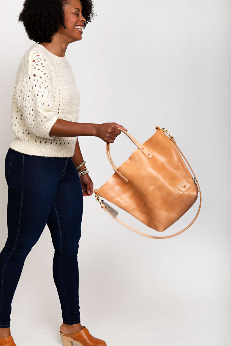 Natural Leather Bucket Bag with Crossbody