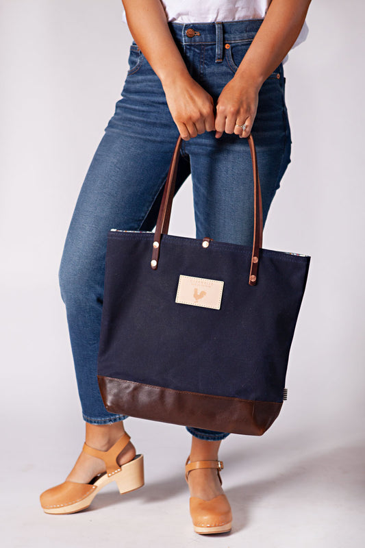 Navy Wax Canvas Classic Tote with Leather Base
