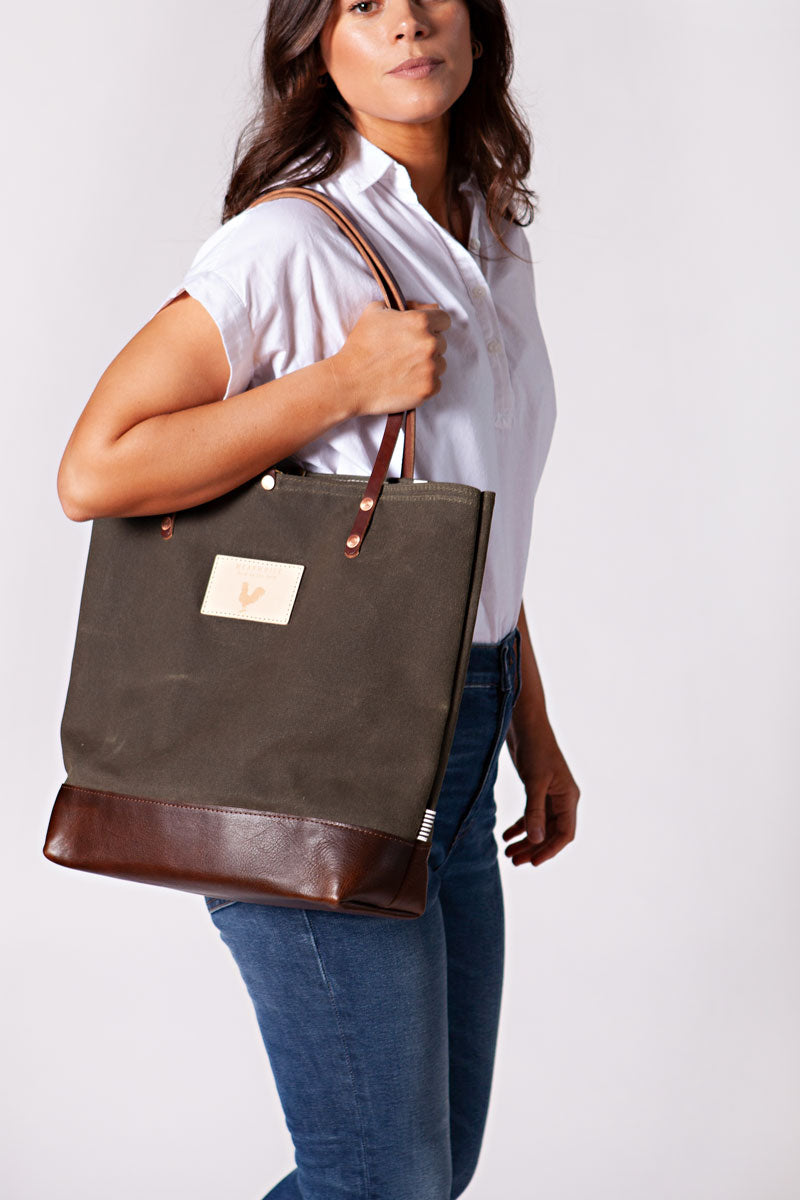 Olive Wax Canvas Classic Tote with Leather Base