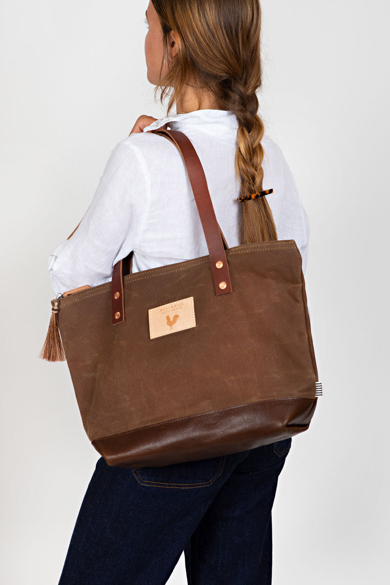 Field Tan Wax Canvas Day Tote | English Bridle Leather Straps