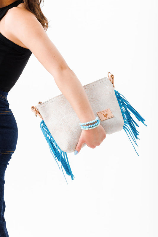 Limited Edition* Birch White Leather Sling Bag With Aqua Fringe